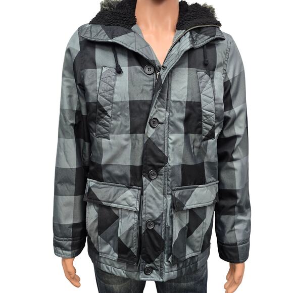 Legendary Goods Hooded Winter Coat Jacket Zip-up Button Men S/M Black Gray Check - Picture 1 of 12